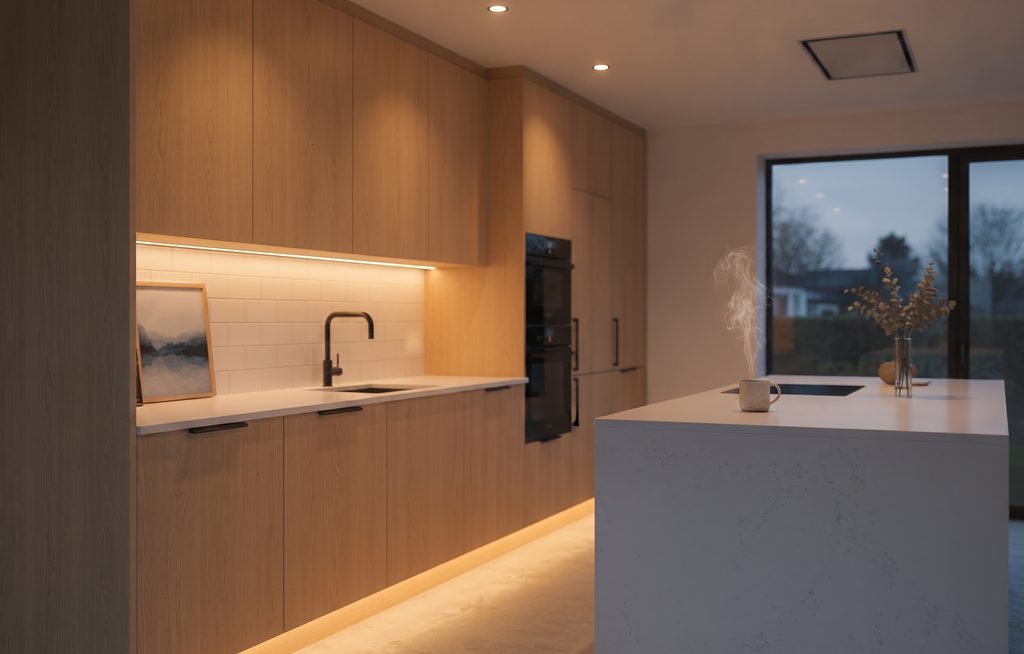 Køkken med LED strip under overskabene og indbygningsspots i loftet